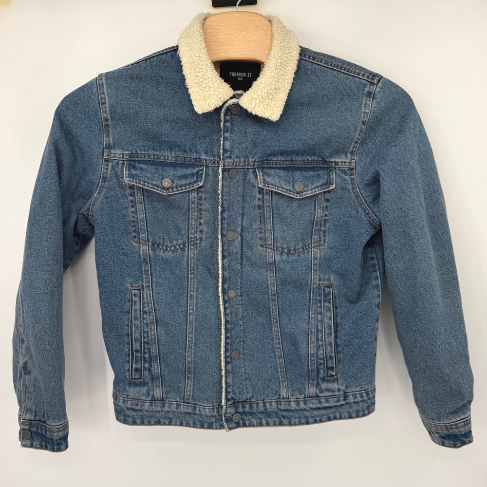 Forever 21 Denim Jacket Men Large Blue Sherpa Lined Trucker‎ Coat Medium Wash